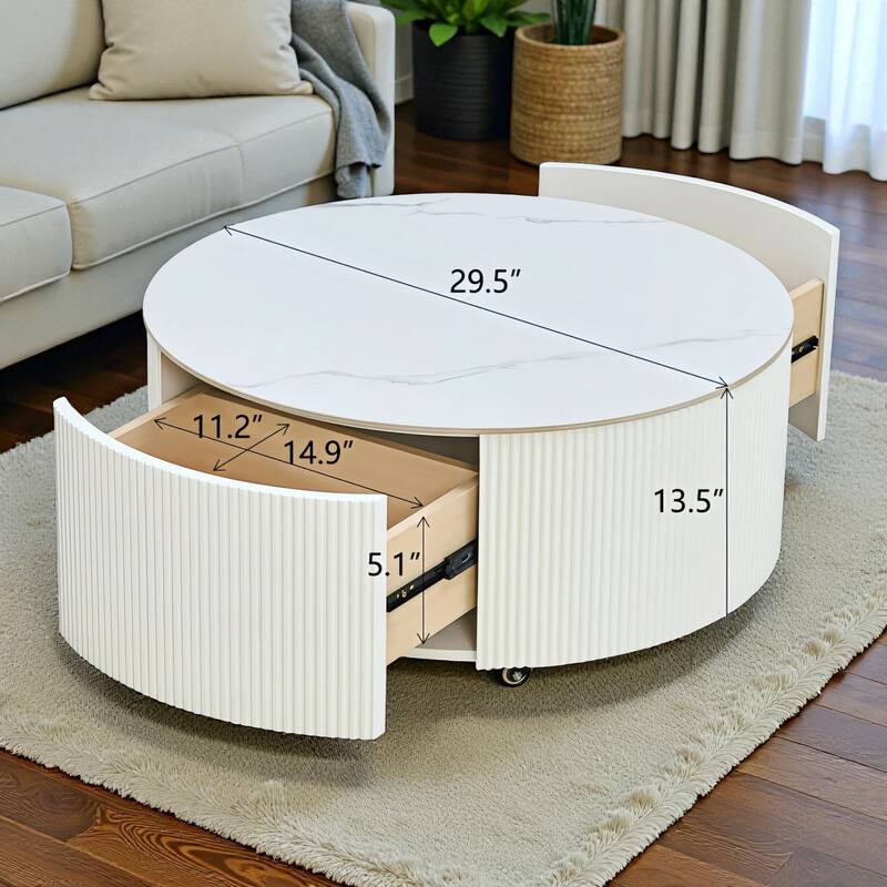 29.5'' Modern Round Movable Coffee Table with 2 Drawers, Sintered Stone Marble Top & Casters for Living Room
