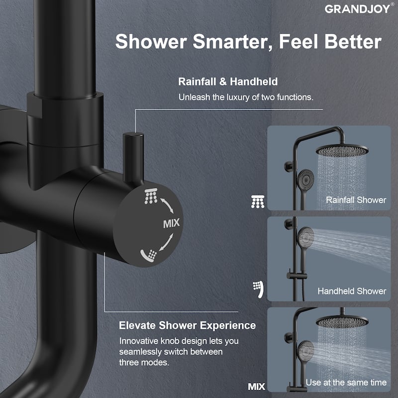 GRANDJOY 10" Round Rainfall Shower System Handheld Showerhead with Adjustable Bar