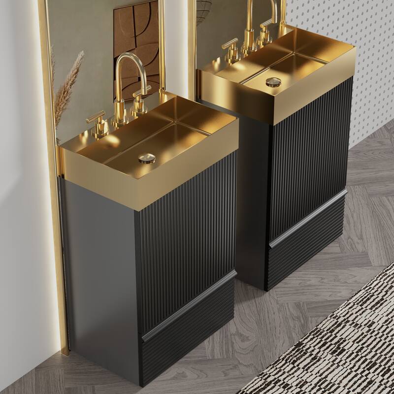20" Striped Bathroom Vanity with Integrated Brushed Gold Stainless Steel Bathroom Sink, One-Piece Metal Basin without Faucet