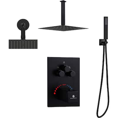 Dual Heads 12" Rainfall & High Pressure 6" Shower System w/ 3 Way Thermostatic Faucet - Matte Black - Matte Black