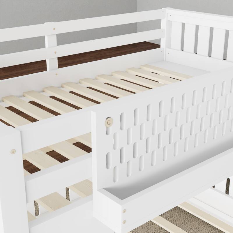 Full XL over Queen / Full over Queen Bunk Bed with Ladder, Guardrails, Pegboard & Built-In Bookshelf, Solid Wood Frame