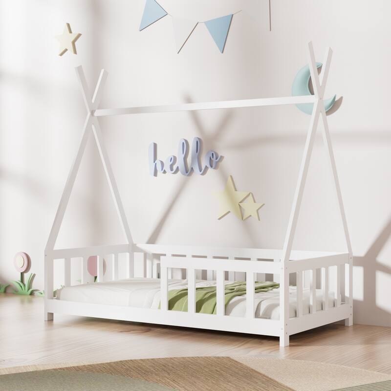 Wooden Montessori Floor Bed for Kids with Guardrail and Sky Roof Design