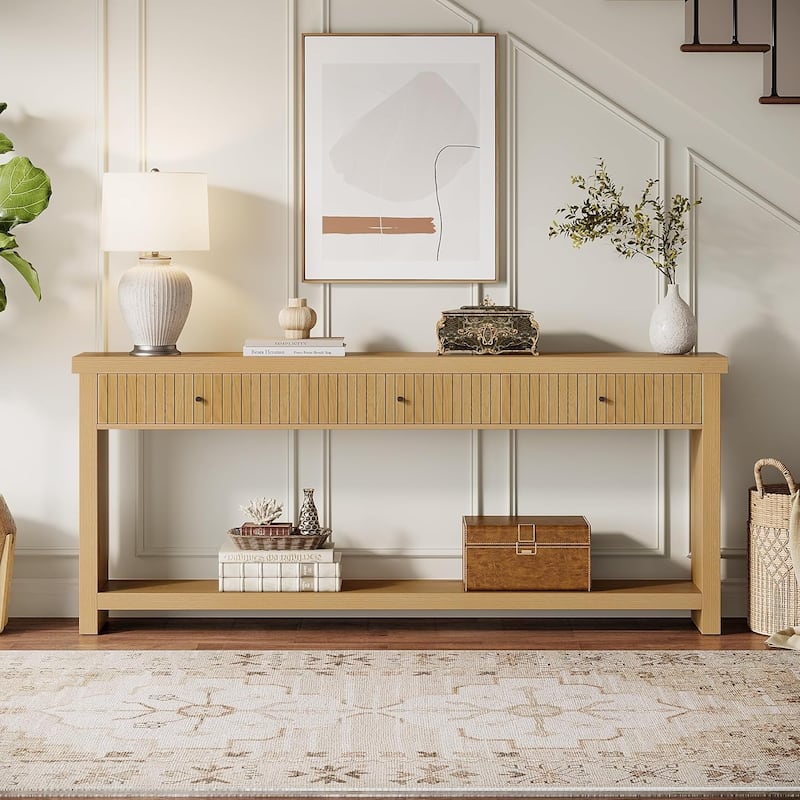 Extra Long Wood Console Table, Oak Sofa Entryway Table with 3 Drawers & Storage Shelves for Living Room, Hallway, Foyer - LightBrown