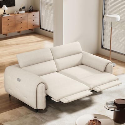 Ivory Fabric Recliner Sofa with Pillow-Style Armrests, Dual Electric Footrests, and USB Charging Port