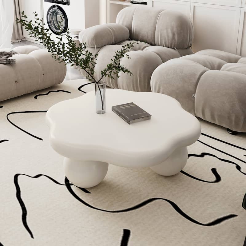 35" Cloud Shaped Modern Minimalist Coffee Table with Spherical Legs - Cream White