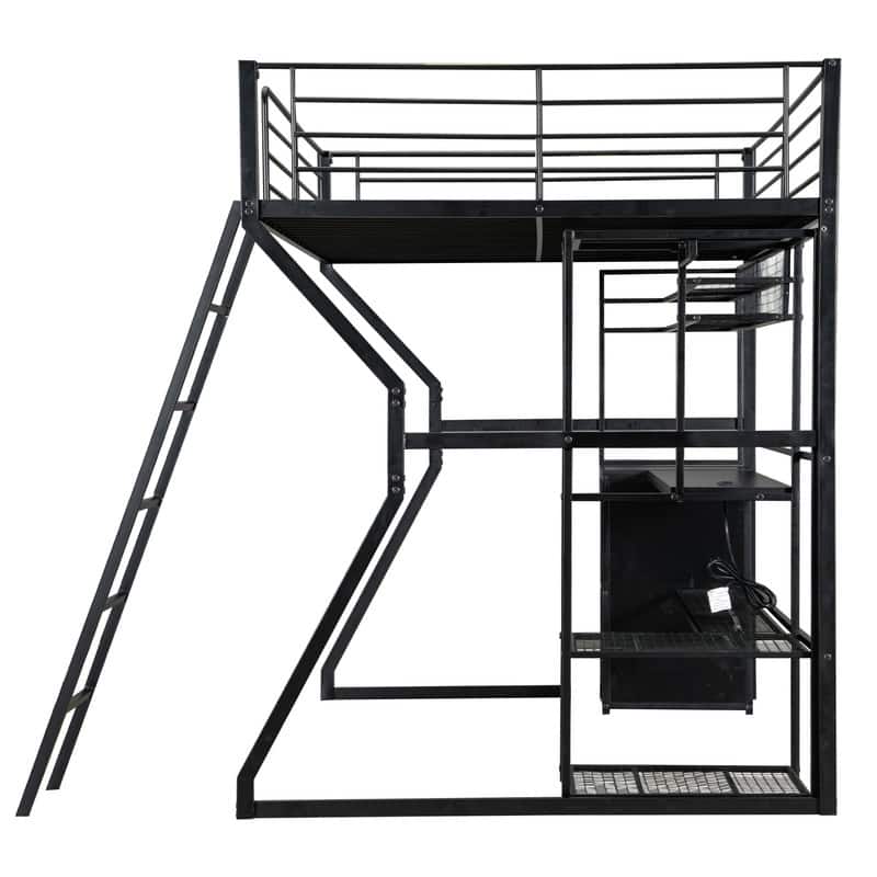Full Size Metal Gaming Bed with Built-in Desk and LED Light, Storage Loft Bed Frame with Open Wardrobe and Multiple Shelves