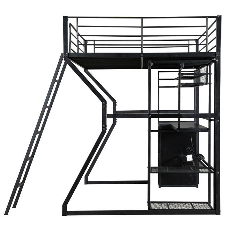 Full Size Metal Gaming Loft Bed with Built-in Work Station, Open Wardrobe and LED