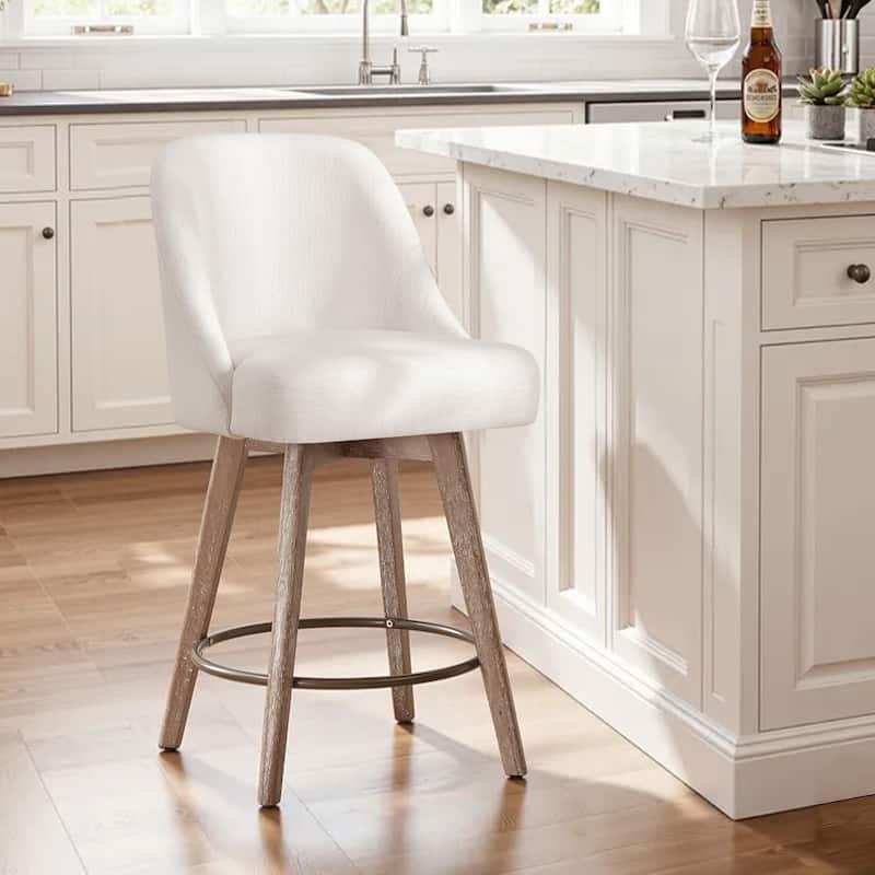 26" Upholstered Counter Height Swivel Bar Stool, Counter Stools with Solid Wood Legs - 39.37"H x 22.44"D x 21.65"W - Set of 2 - Linen-Off-White