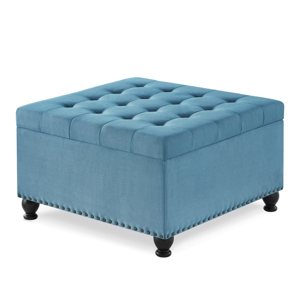 Linen Fabric Square Ottoman, Upholstered Button Tufted Storage Ottoman, Coffee Table with Nail Trims & Rubber Wood Legs