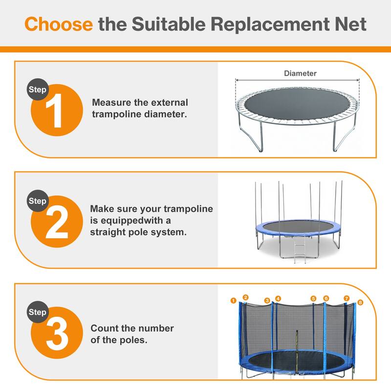Aoodor Outdoor Trampoline Replacement Net with Zipper, Hooks, Pole Cover