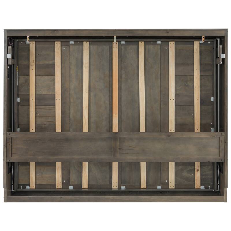 Wooden Murphy Bed with Desk and LED Light/Foldable Wall Bed Cabinet/Hydraulic Lift System/Wood Slats Support/Space-Saving Design