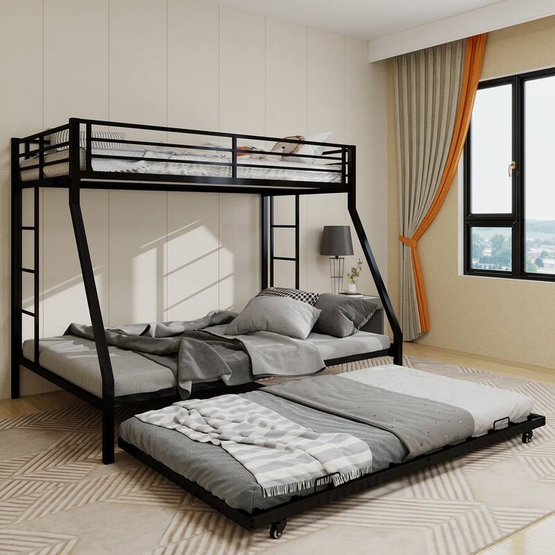 Full Size Minimalist Bunk Bed with Ladder & Rolling Trundle, High-Stability Square Tube Frame, 137cm x 190cm, Black