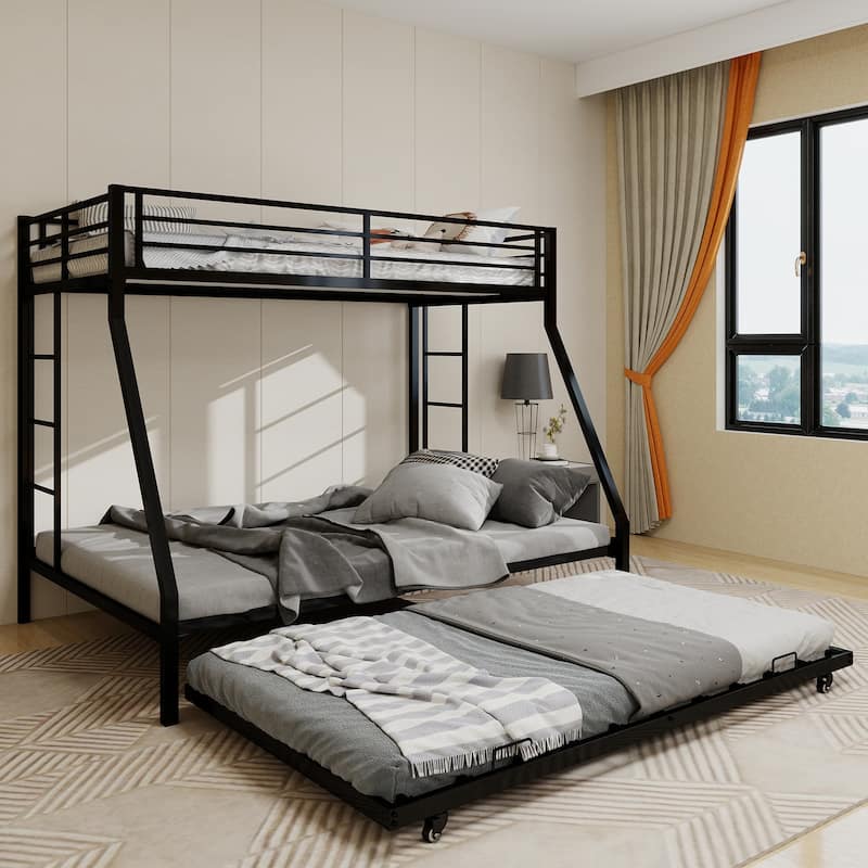 Modern Square Tube Bunk Bed with Ladder and Rolling Trundle Bed