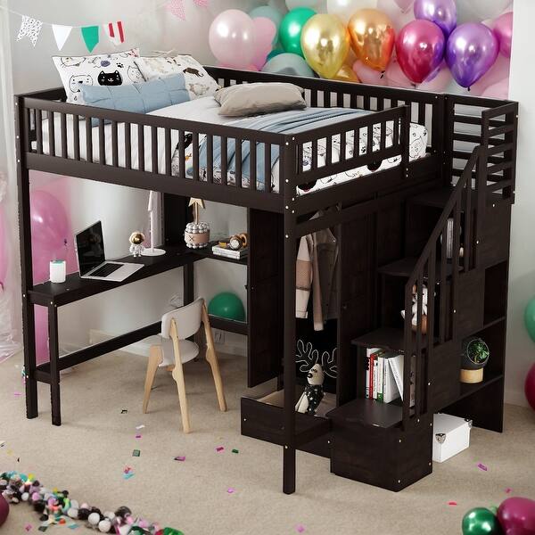 slide 2 of 9, Full Size Loft Bed With Bookshelf,Drawers,Desk,and Wardrobe for Home Espresso