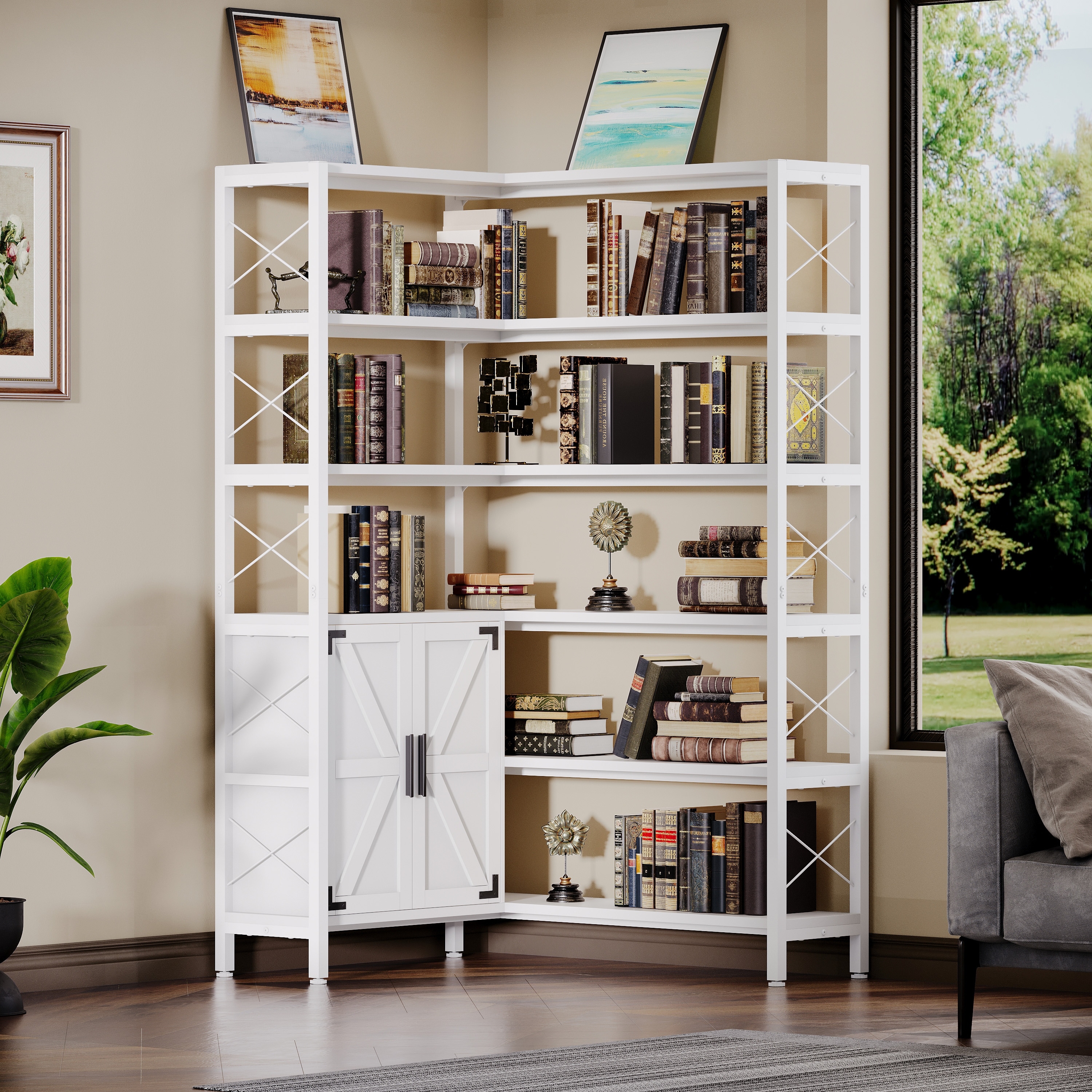 6-Shelf Corner Bookshelf, Vintage Industrial Corner