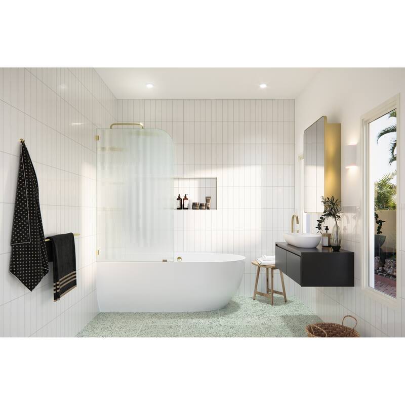 Aurora 58.25 in. x 30 in. Frameless Bath Shower Door - Single Fixed Panel Fluted Frosted Radius Left Hand