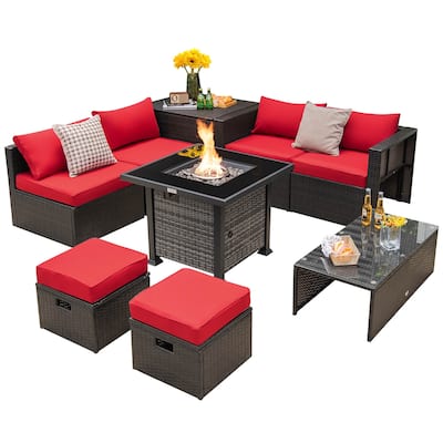 Gymax 9 Pieces Furniture Set w/ 50,000 BTU Propane Fire Pit Table