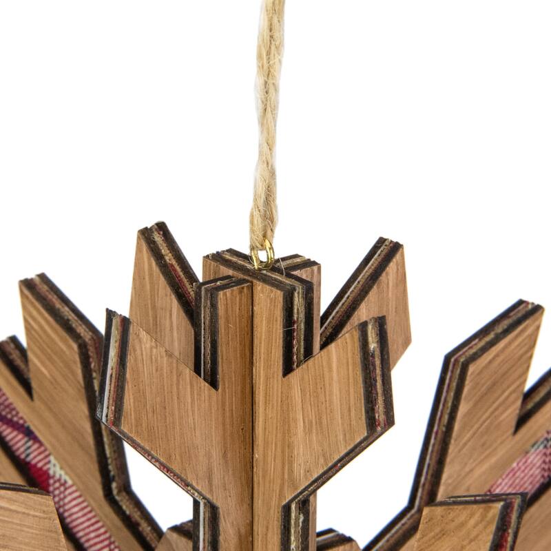 Faux Wood and Plaid 3-D Starburst Snowflake Christmas Ornament - 7" - Brown and Red