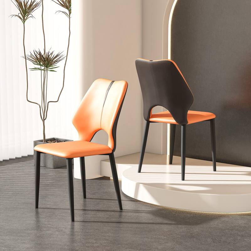 Modern 2 Piece PU Metal Kitchen Dining Chair with Soft Cushions, Non Slip Foot Pads for Dining Room Kitchen Living Room Bedroom - Orange