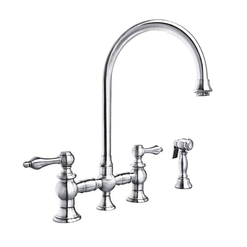 Vintage III Plus Bridge Faucet with Long Gooseneck Swivel Spout, Lever Handles and Solid Metal Side Spray