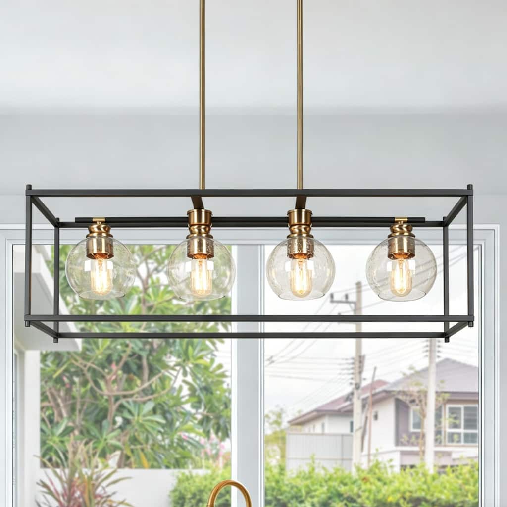Iain Modern 4-Light Black Gold Chandelier Metal With Seeded Glass Shades Rectangle Kitchen Island Lights for Dining Room