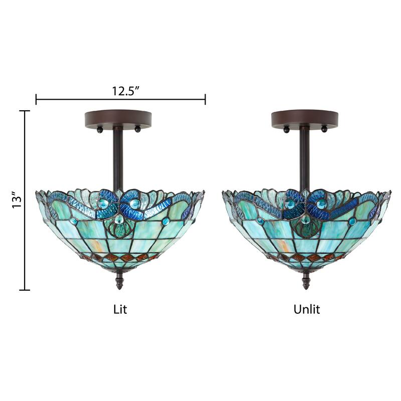 Anna River of Goods Metal and Blue Stained Glass Bowl Shade 13-Inch Semi-Flushmount Ceiling Light - 12.5" x 12.5" x 13"
