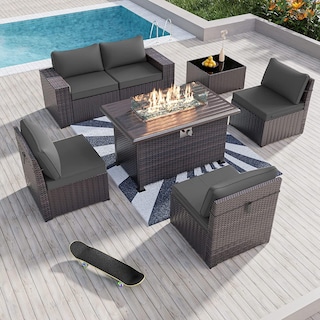 Outdoor Patio Furniture Set, All Weather PE Wicker Sectional Conversion Sofa set with Firepit(Optional)