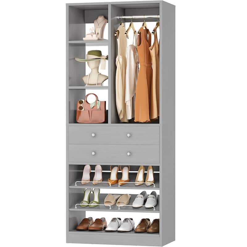 27.7'' Closet Organizer with Shoe Racks and Drawers, Closet System with Hanging Rod and Adjustable Shelves - Grey - 1pc
