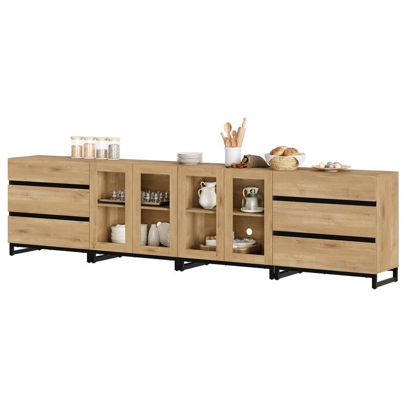 4 in 1 Modern Dresser with Glass Doors and 6 Drawers,Storage Cabinet with Adjustable Shelves, Chest of Drawers for Bedroom