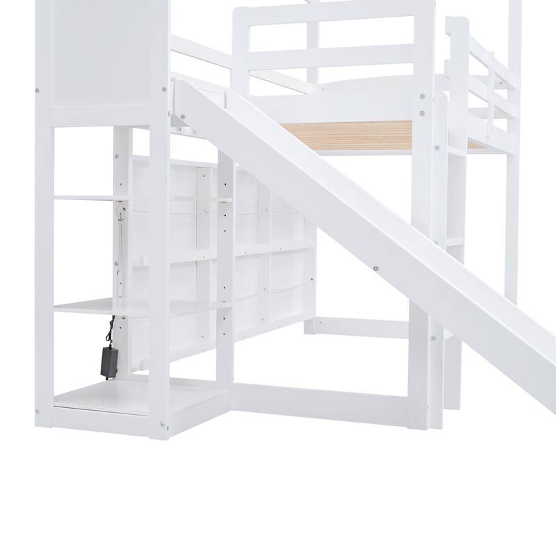 Twin House Loft Bed with Slide, Shelves, and Light for Kids