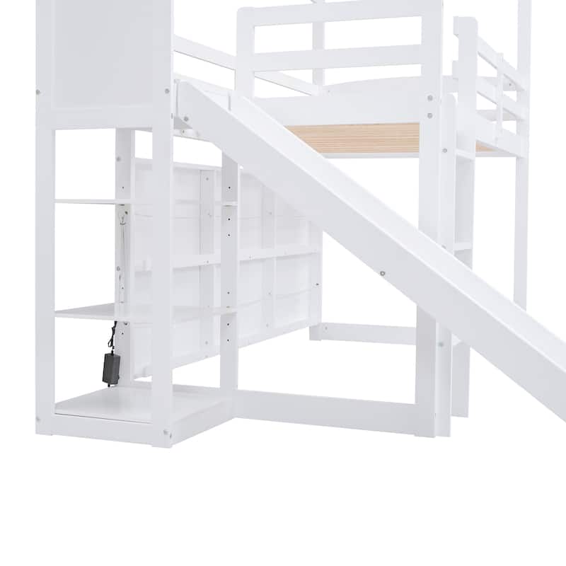 Twin Loft Bed w/Slide, Ladder, Wood Loft Bed w/Storage Shelves, Light