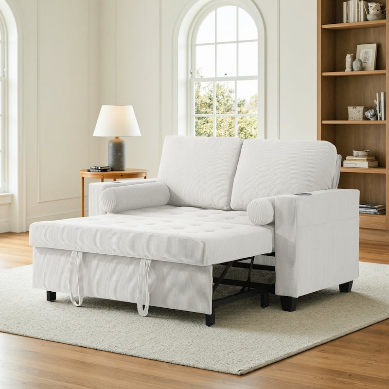 Corduroy Convertible Loveseat Sofa Bed Recliner with Cup Holder, USB Ports - Beige