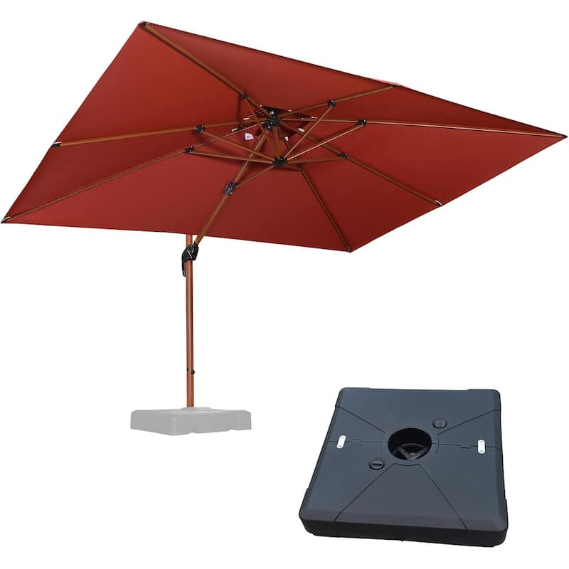PURPLE LEAF 9 x 12ft Double Top Deluxe Wood Pattern Rectangle Patio Cantilever Umbrella with Base - Brick Red