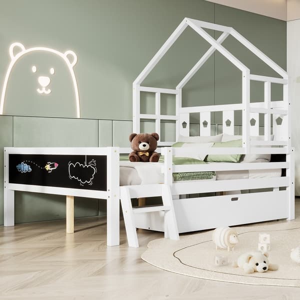 slide 2 of 13, Full Size House Bed with Ladder and Storage Drawers for Kid Bedroom,Solid Wood Platfrom Bedframe with 2 Blackboard Design Full