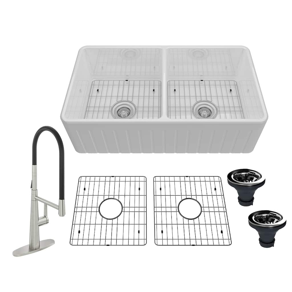 All-in-One Fireclay Striped Design Reversible Installation Double Bowl Farmhouse/Apron-Front Kitchen Sink with Kitchen Faucet