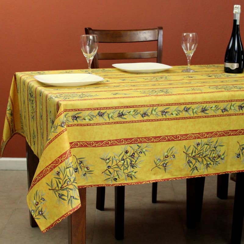 Wipeable Spill Resistant Provencal Cotton Cannes Collection Tablecloth - 60 x 78 in - Yellow Olive Stripes