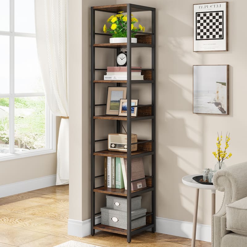 75 Inch Tall Narrow Corner Shelves, 6-Tier Etagere Shelve Storage Rack Bookshelves for Home Office - Rustic Brown