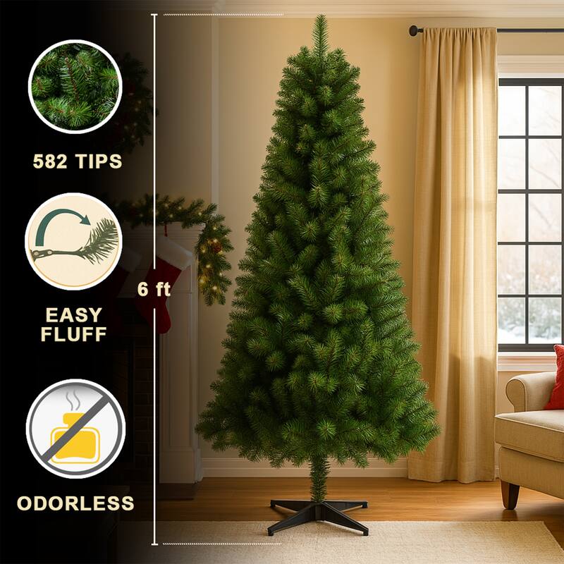 6FT Hinged Unlit Artificial Christmas Tree 582 Tips Full PVC Branches Green Plastic Stand Indoor