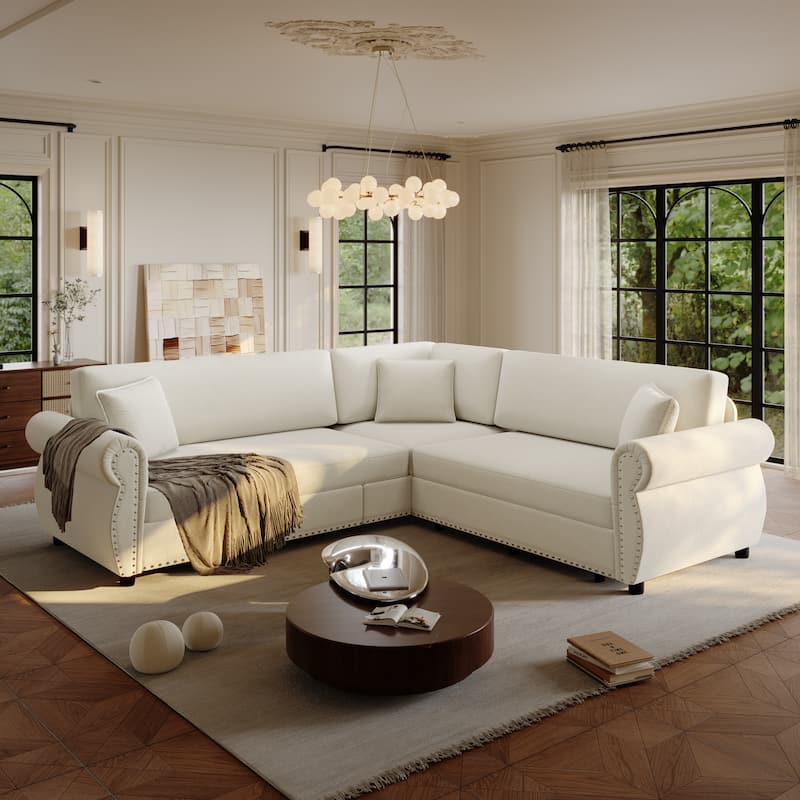 88.2" L-Shaped Sleeper Sectional Sofa with Pull-Out Bed - Chenille Convertible Couch, Nailhead Trim, for Living Room