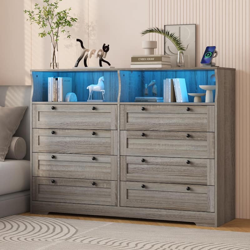 8 Drawer Dresser with RGB LED Lights, Power Outlet & 2 Open Shelves - Grey