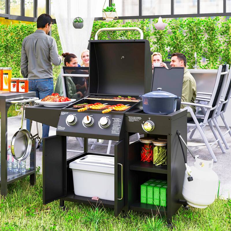 3-in-1 BBQ Grill, Smoker & Fire Pit with Two-Tier Cooking Thermometer and Adjustable Vents - 48”L x 22.8”W x 43.3”H