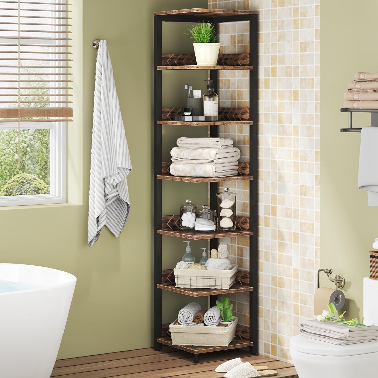 6-Tier Corner Shelf, 76.7-Inch Tall Narrow Bookshelf Storage Rack