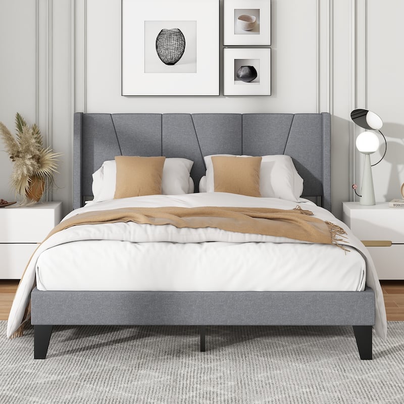 Bed Frame with Wingback Headboard and Wood Slat Support