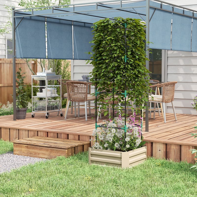 Outsunny Galvanized Raised Garden Bed, 24" x 24" x 11.75" Outdoor Planter Box with Trellis Tomato Cage and Open Bottom