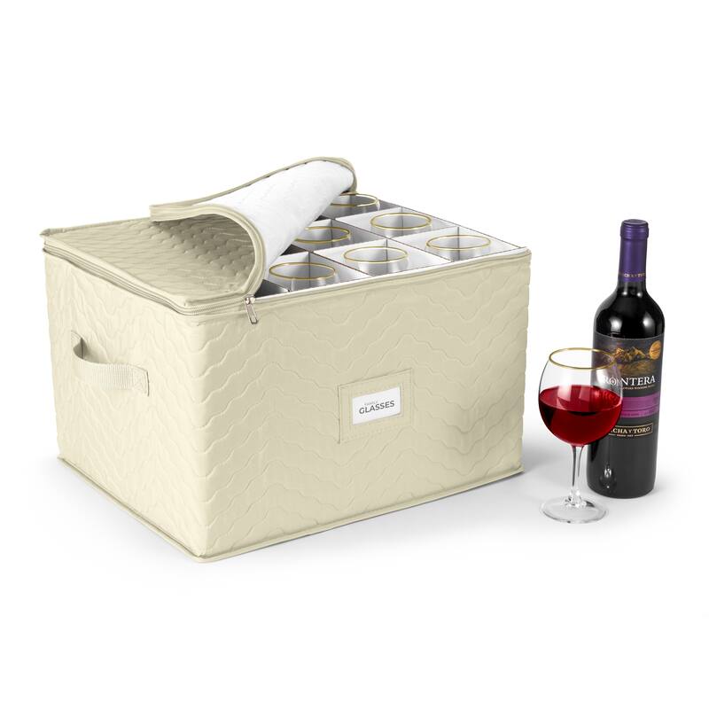 12 Glass Stemware Storage Quilted Case - Beige