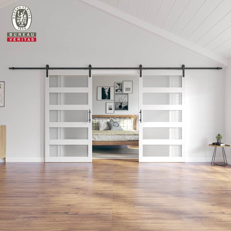 Sanding 30in./36in./42in.x 84in. 5 Frosted Glass White/Grey PVC Surface MDF Sliding Barn Door With Hardware Kit