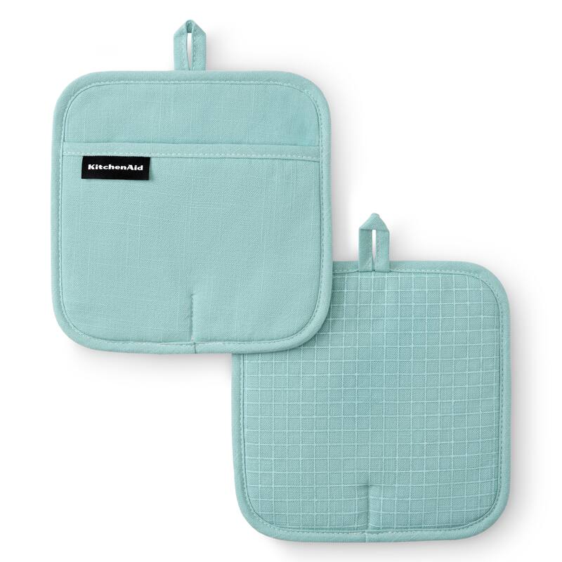 KITCHENAID Gourmet Series Gridlines Pot Holders 2-Pack Set, Heat Resistant up to 600°F, Soft Silicone Grip, Magnetic Cuff - Mineral Water Aqua