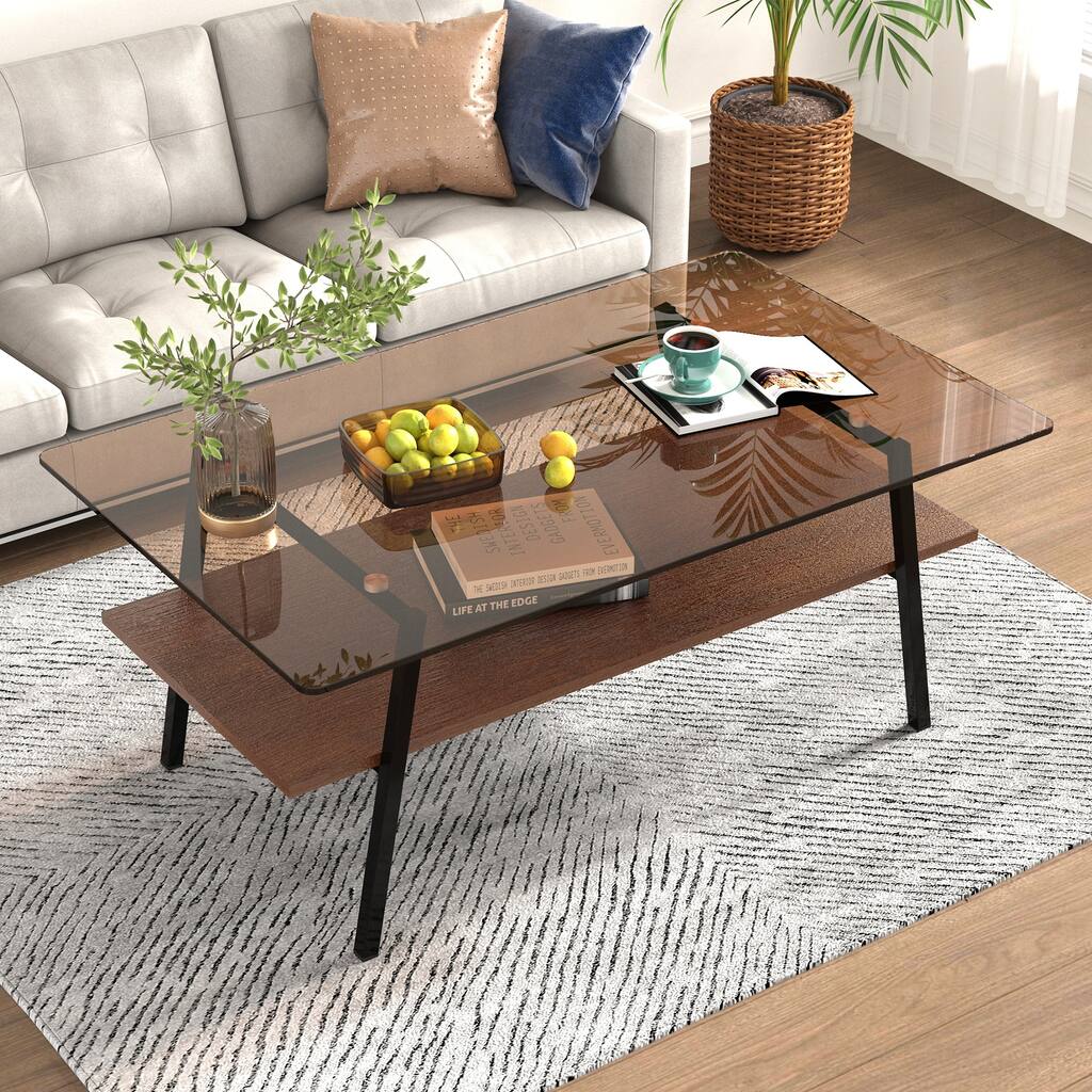 2-Tier Glass Rectangle Coffee Table,Brown Glass Tabletop with Metal Legs