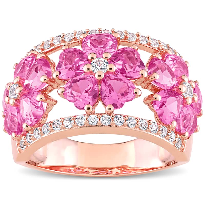 Miadora Heart Created Pink & White Sapphire Floral Cocktail Ring in Rose Plated Sterling Silver