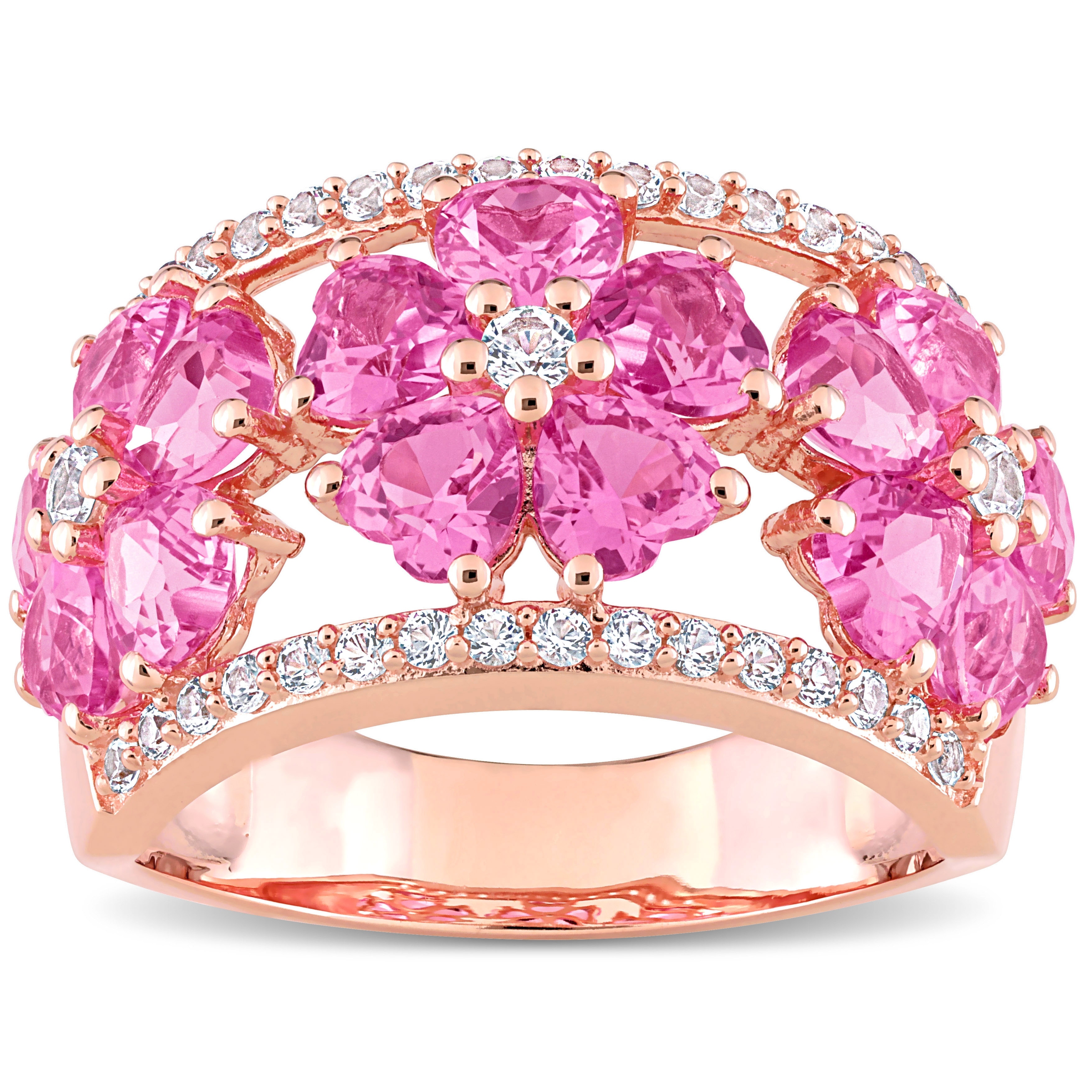 Miadora Heart Created Pink & White Sapphire Floral Cocktail Ring in Rose Plated Sterling Silver